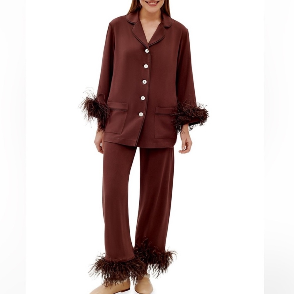 SLEEPER Elegant Brown Feather-Trimmed Pajama Set